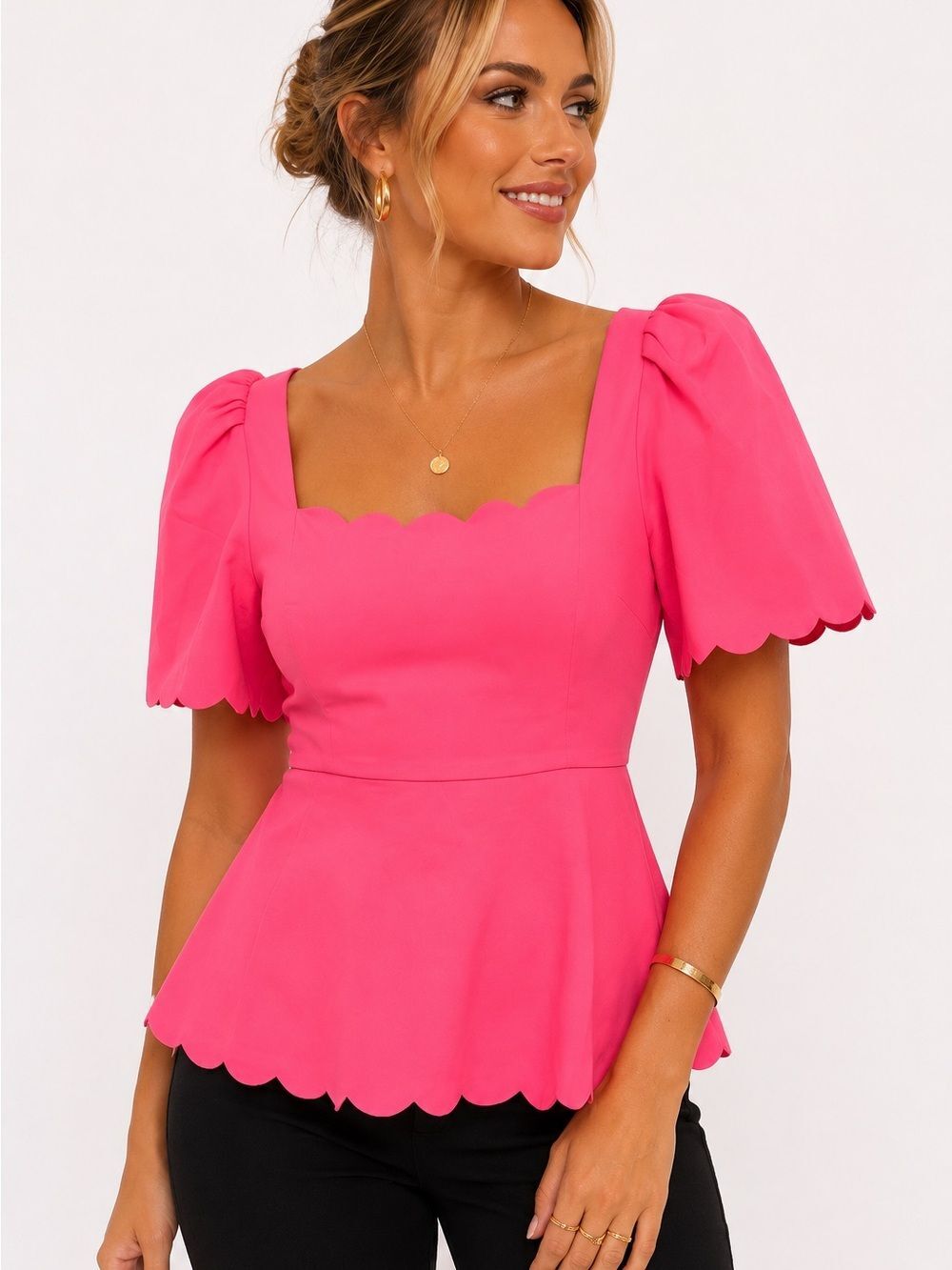 fab'rik Hot Pink Scallop-Edge Peplum Blouse Sz Large